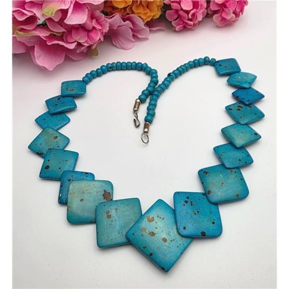 Faux Kingman Turquoise Tile Beaded Necklace Dyed Howlite 23” Native Style